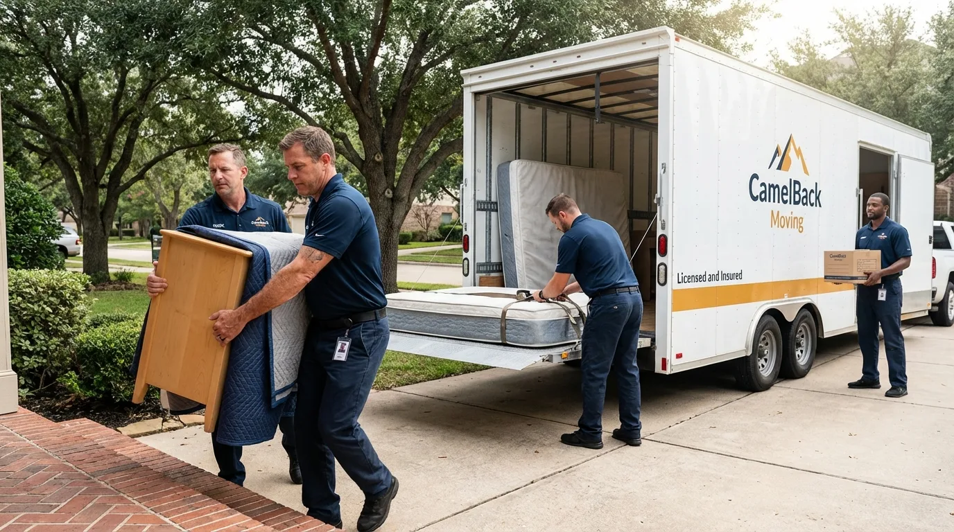 Crew loading residential truck for cross-state move from Moody, TX