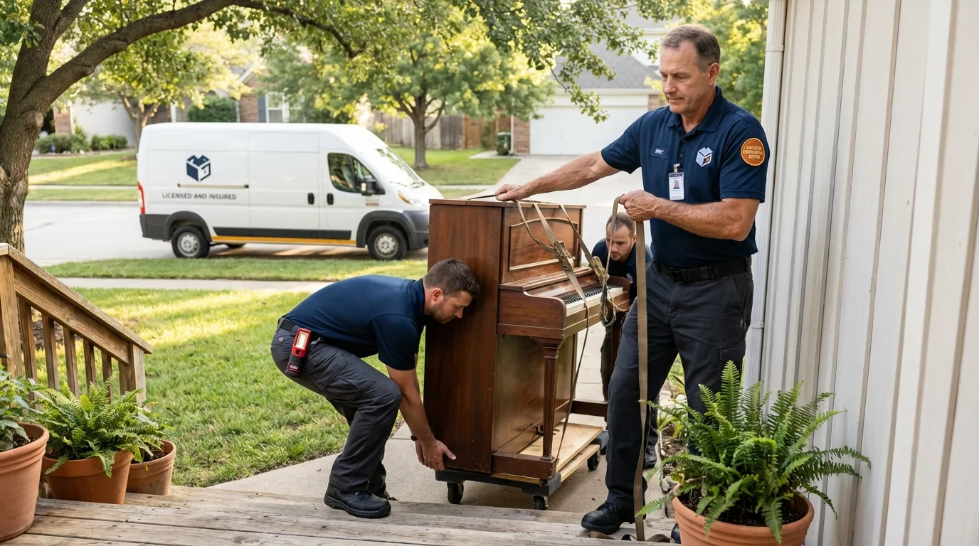 Licensed piano movers securing grand piano in Moody, TX