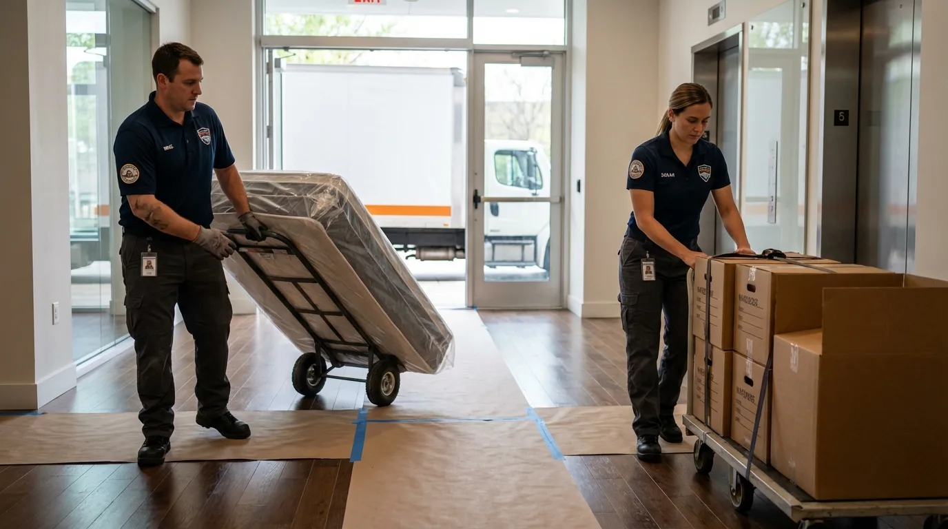 Professional apartment movers loading elevator in Moody, TX